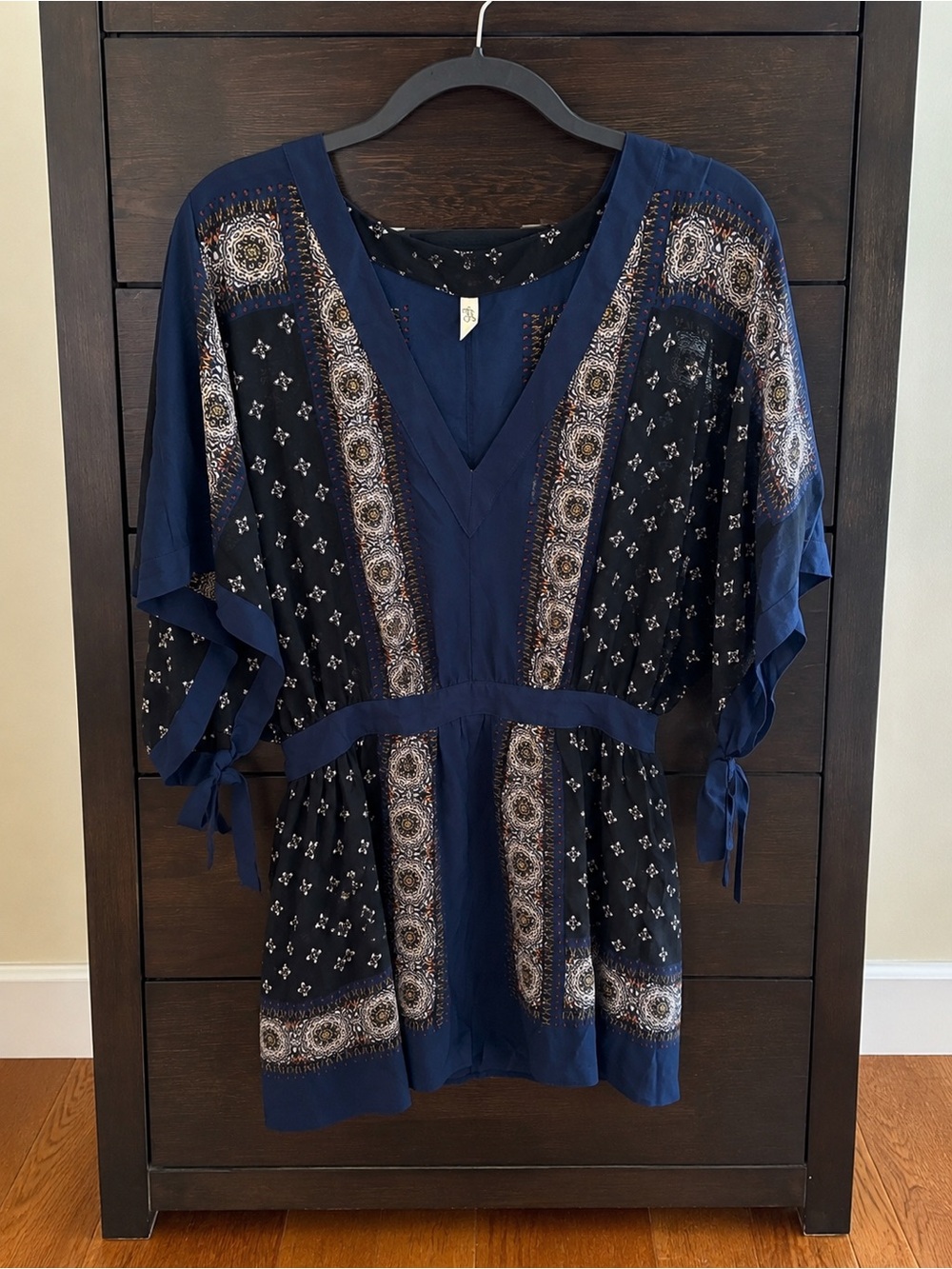 Free People Navy and Cream Printed V-Neck Mini Dress